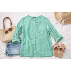 Tahari Green Linen Tunic Top Womens XL Button Front Roll Tab Long Sleeve